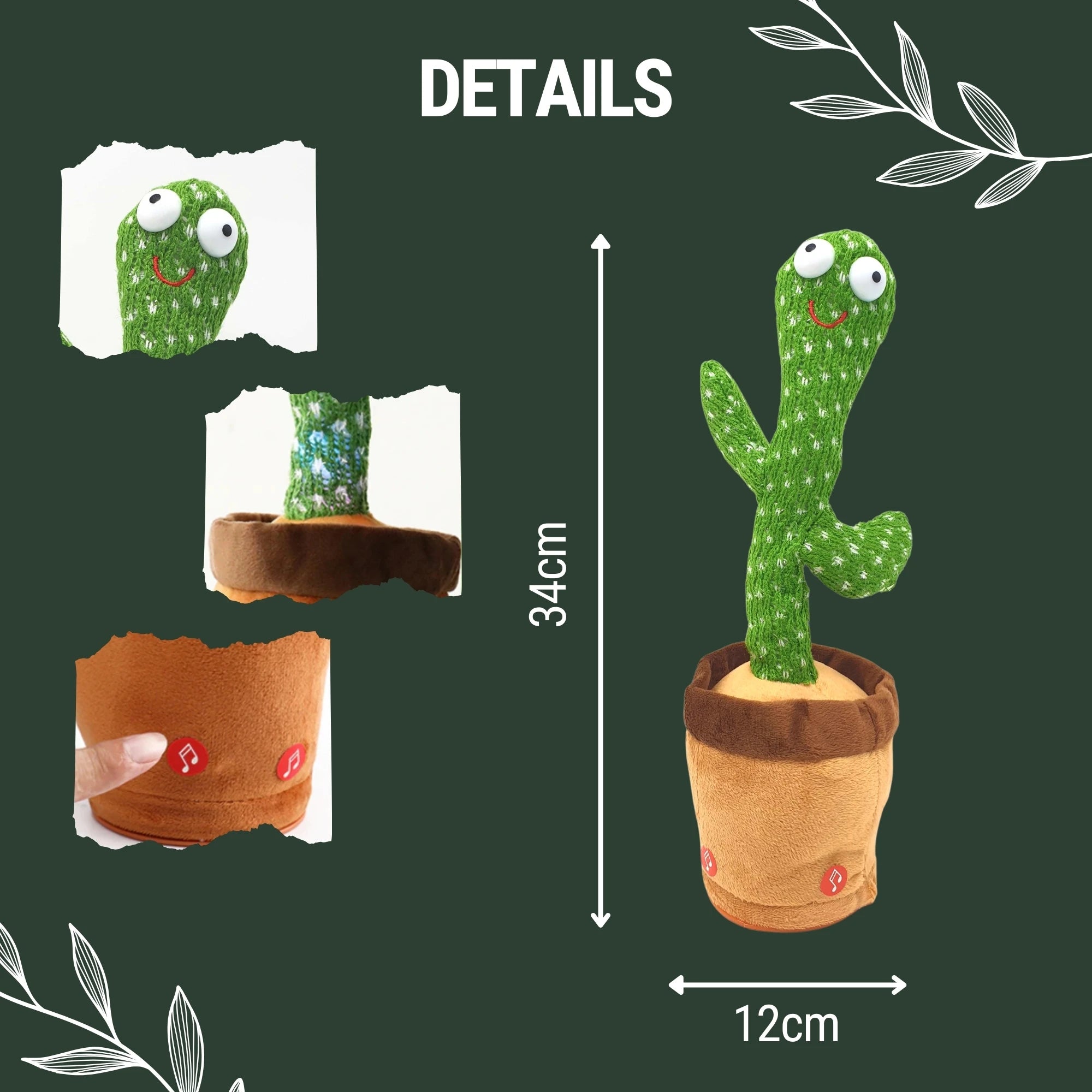 Vicyol S&D Cactus Bailarín con Luces y 120 Canciones. Juguete de Peluche que Baila y Repite. Decorativo y Educativo para Niños