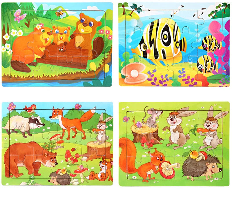 Rompecabezas 3D de madera Montessori de 15x11cm, juego de rompecabezas de inteligencia Animal de dibujos animados, juguetes educativos de Aprendizaje Temprano para niños