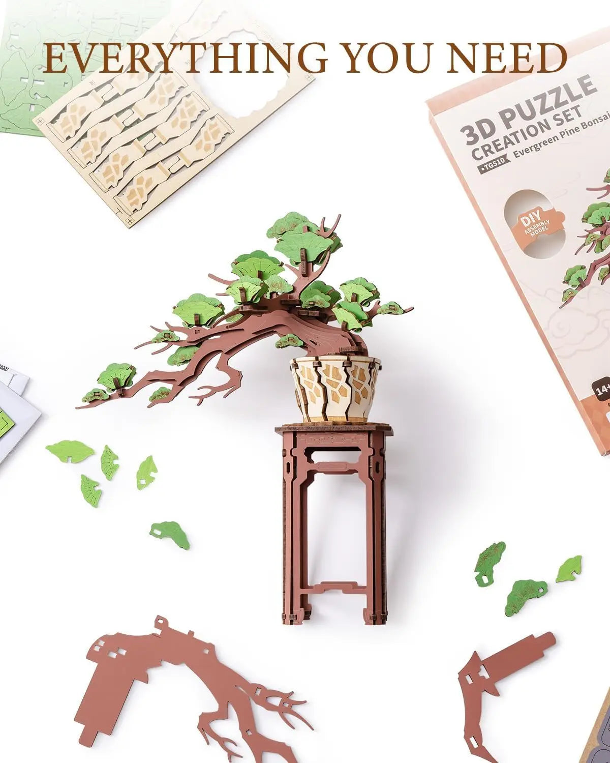 Robotime Rolife-rompecabezas de bonsái Sakura de madera 3D, fácil montaje, Kit de bonsái de pino verde, regalo de Navidad para decoración del hogar familiar