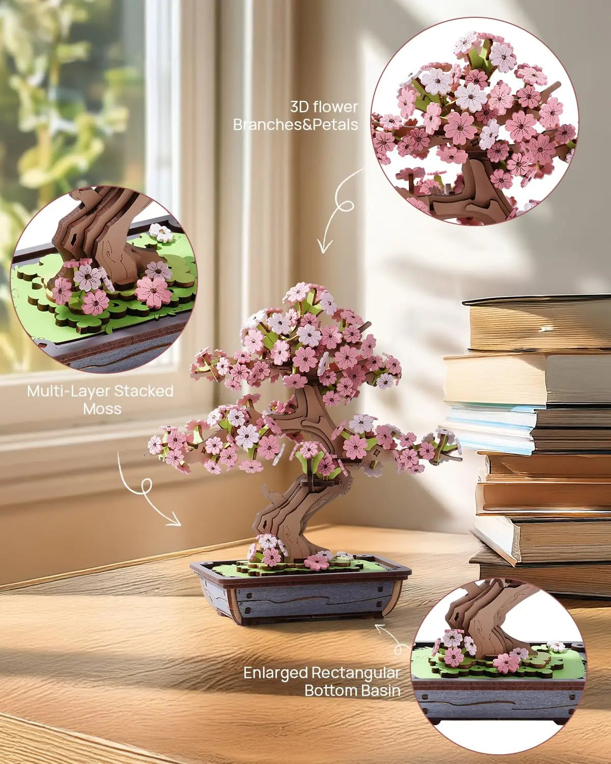 Robotime Rolife-rompecabezas de bonsái Sakura de madera 3D, fácil montaje, Kit de bonsái de pino verde, regalo de Navidad para decoración del hogar familiar