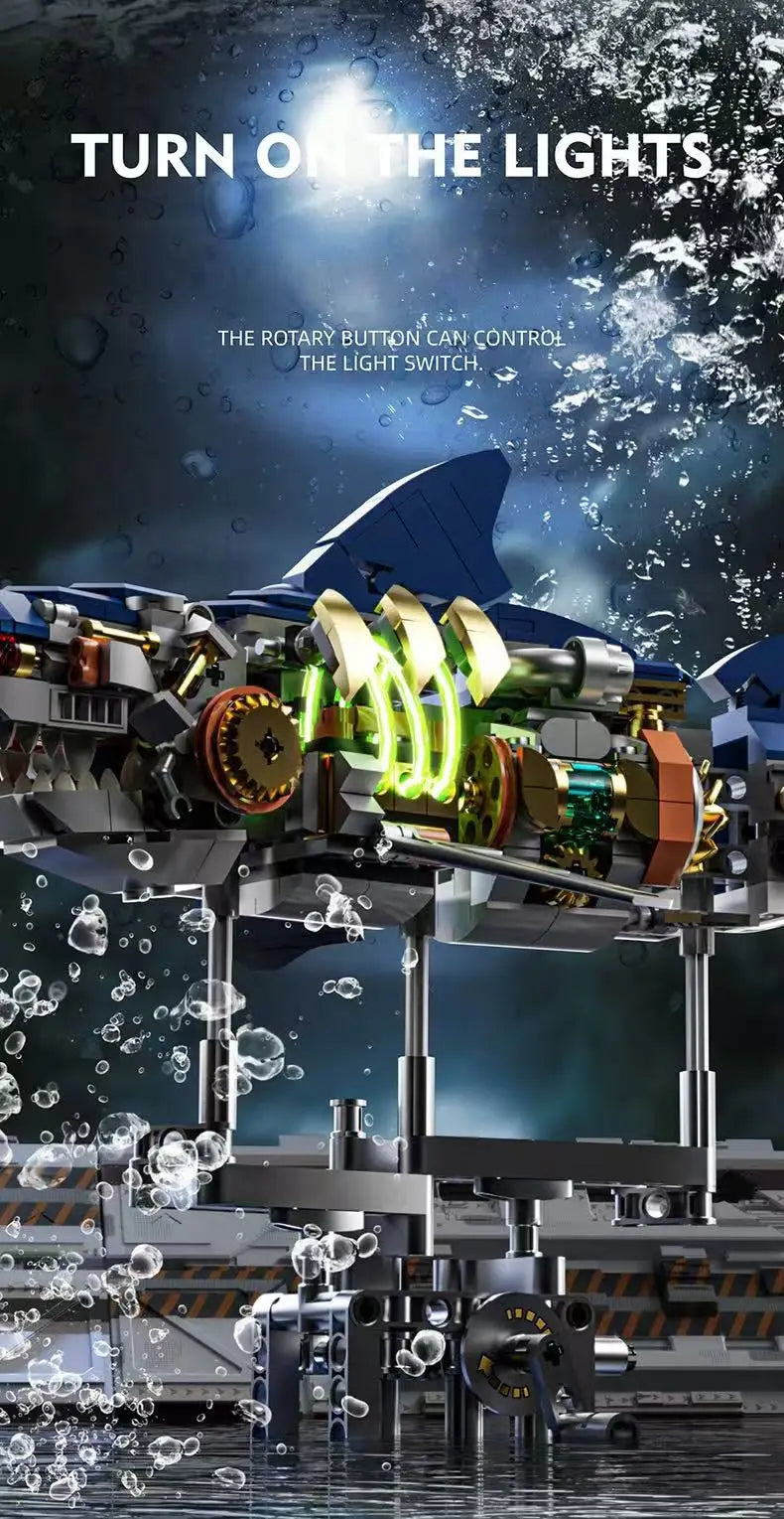 Bloques de construcción de animales mecánicos t-rex ballena loro diablo rayos tiburón modelo ladrillos con luz para chico juguetes para adultos regalos de escritorio