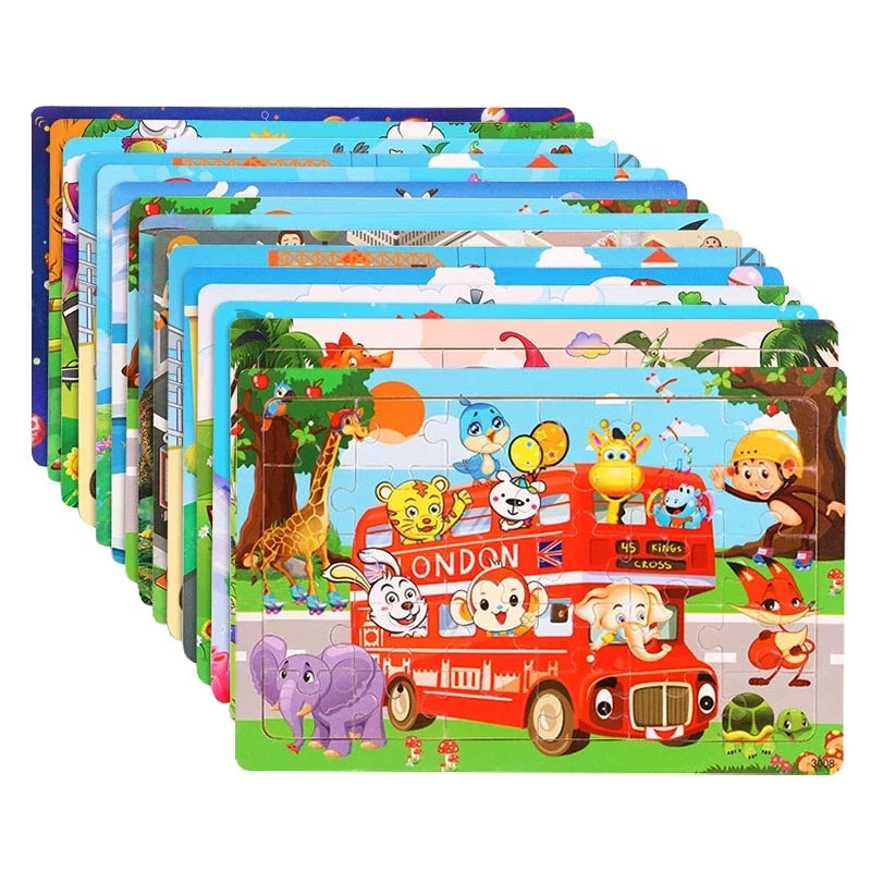 Nuevos rompecabezas de madera de 30 piezas, Tangram de tráfico de animales de dibujos animados, rompecabezas 3d de madera, juguetes educativos Montessori para niños, regalos