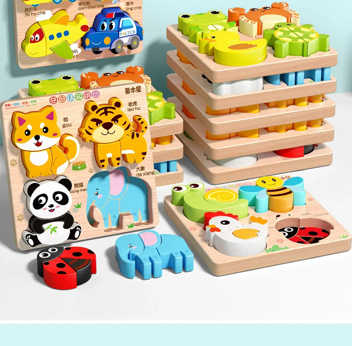 Rompecabezas de madera 3D de dibujos animados Montessori, rompecabezas de tráfico de animales, juguetes para niños, juego cognitivo educativo de Aprendizaje Temprano, regalos para niños