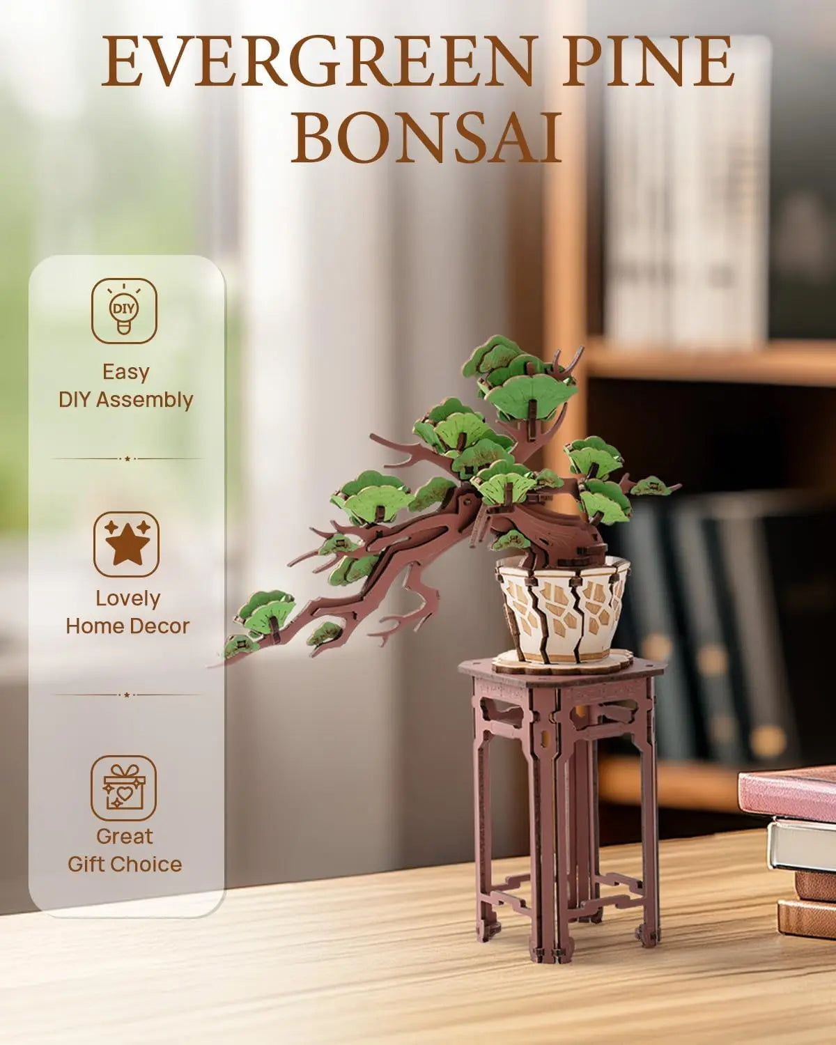 Robotime Rolife-rompecabezas de bonsái Sakura de madera 3D, fácil montaje, Kit de bonsái de pino verde, regalo de Navidad para decoración del hogar familiar