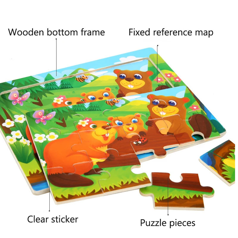Rompecabezas 3D de madera Montessori de 15x11cm, juego de rompecabezas de inteligencia Animal de dibujos animados, juguetes educativos de Aprendizaje Temprano para niños