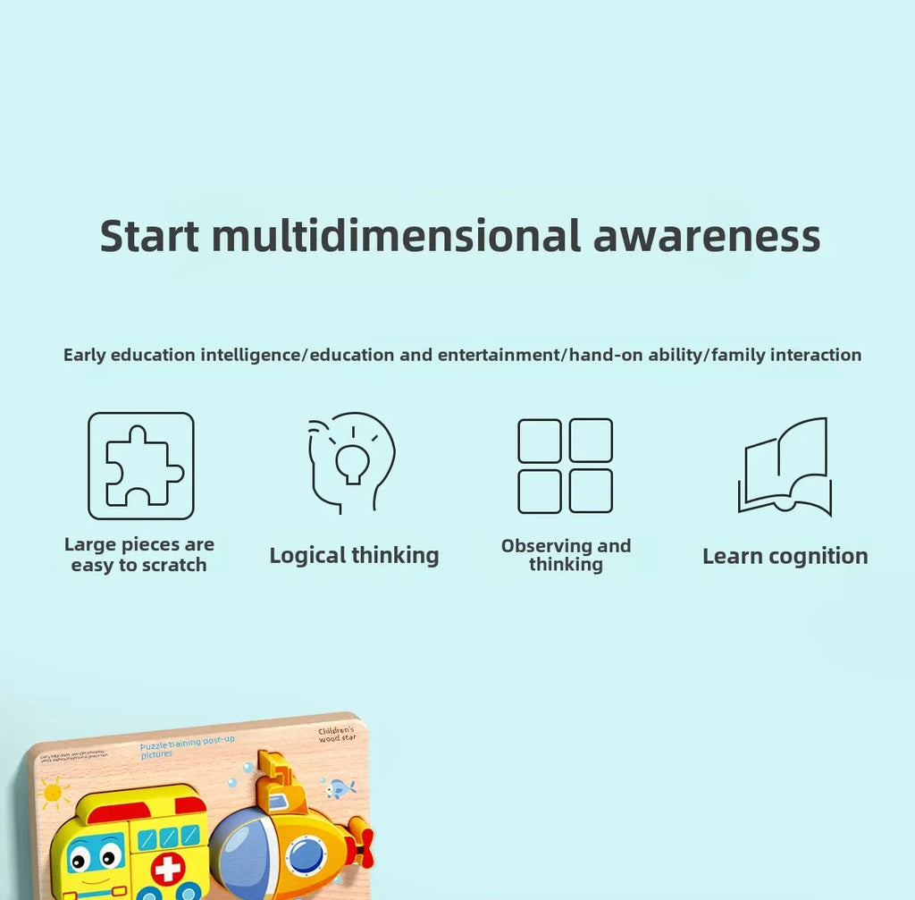 Rompecabezas de madera 3D de dibujos animados Montessori, rompecabezas de tráfico de animales, juguetes para niños, juego cognitivo educativo de Aprendizaje Temprano, regalos para niños