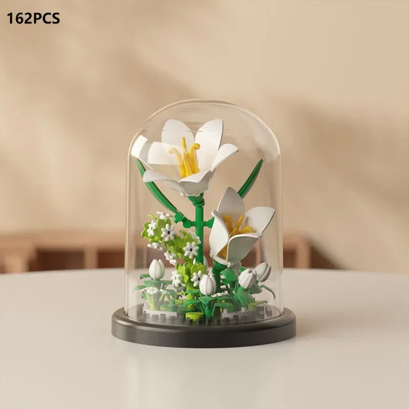 MOC-ramo eterno de rosas, bloques de construcción, conjunto 3D de construcción de flores, caja de exhibición de ramo eterno, juguete de ladrillo para decoración del hogar y la Oficina