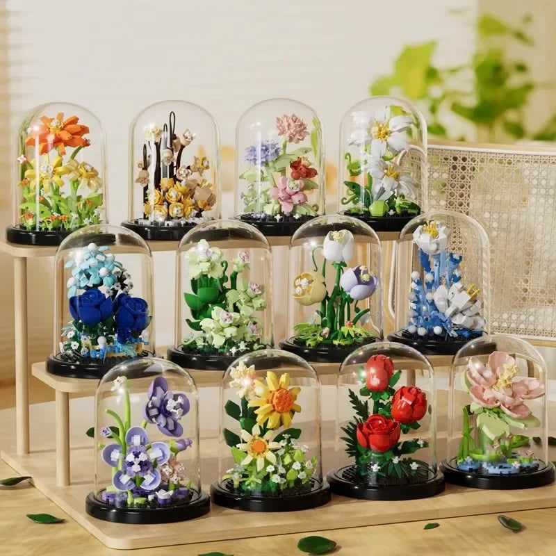 Ramo de flores, bonsái, bloques de construcción, planta de plástico Artificial, cubierta antipolvo, Micro modelo, juguete de decoración del hogar para niños, regalo de cumpleaños