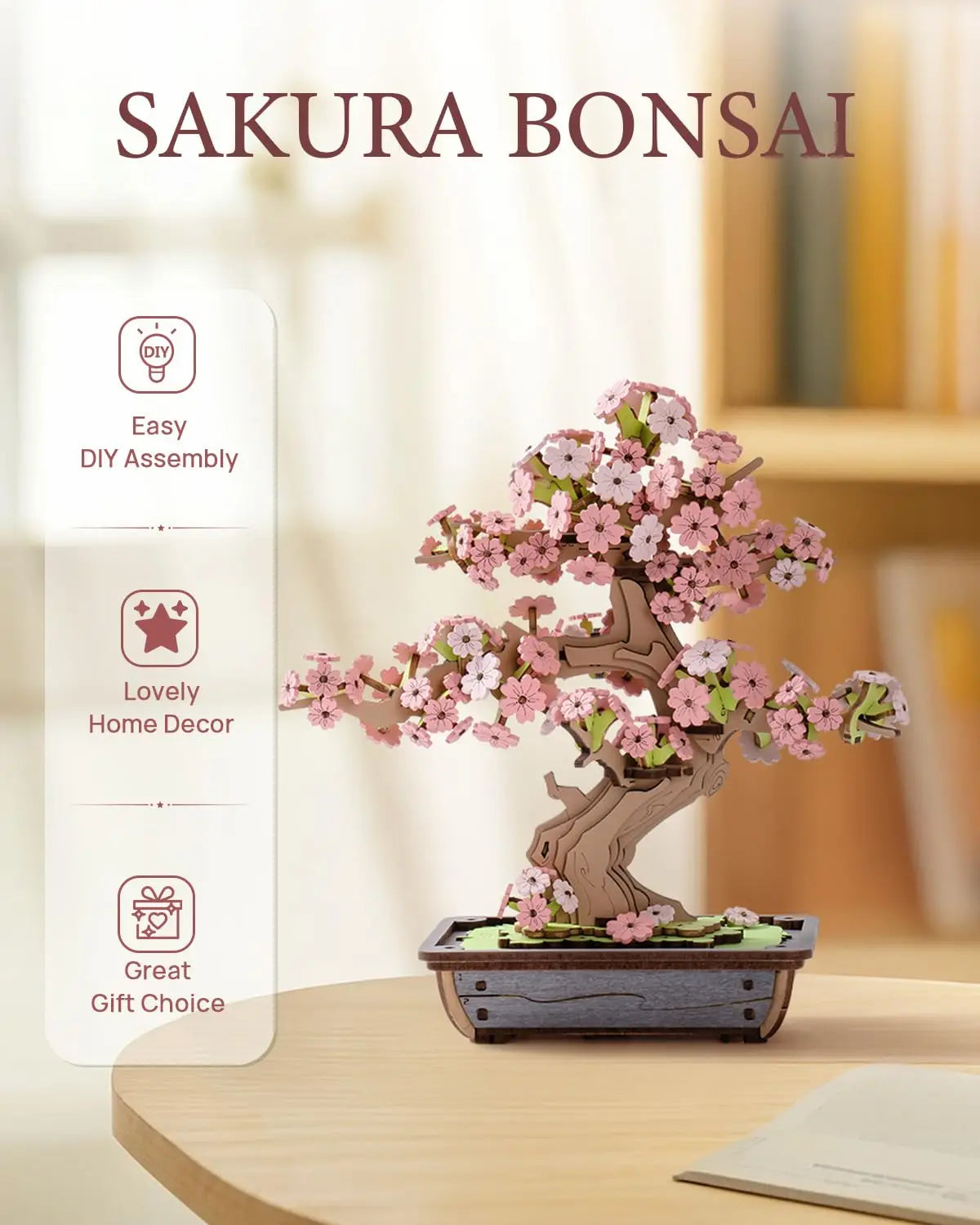 Robotime Rolife-rompecabezas de bonsái Sakura de madera 3D, fácil montaje, Kit de bonsái de pino verde, regalo de Navidad para decoración del hogar familiar