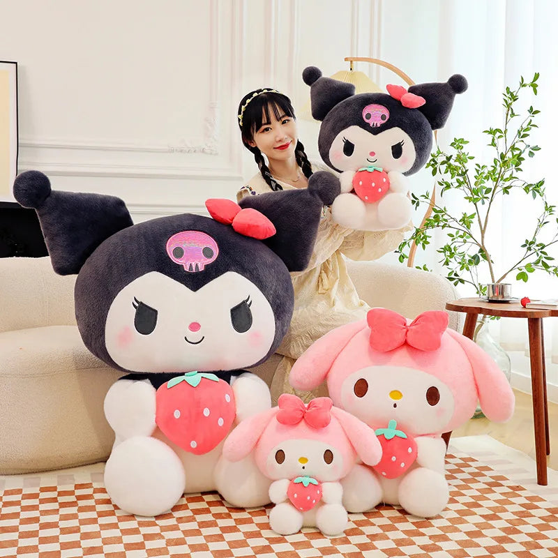 Almohada Kuromi de fresa Sanrio de 25cm, juguete de peluche para niñas, juguetes de peluche suaves, muñeco con melodía de fresa, regalo