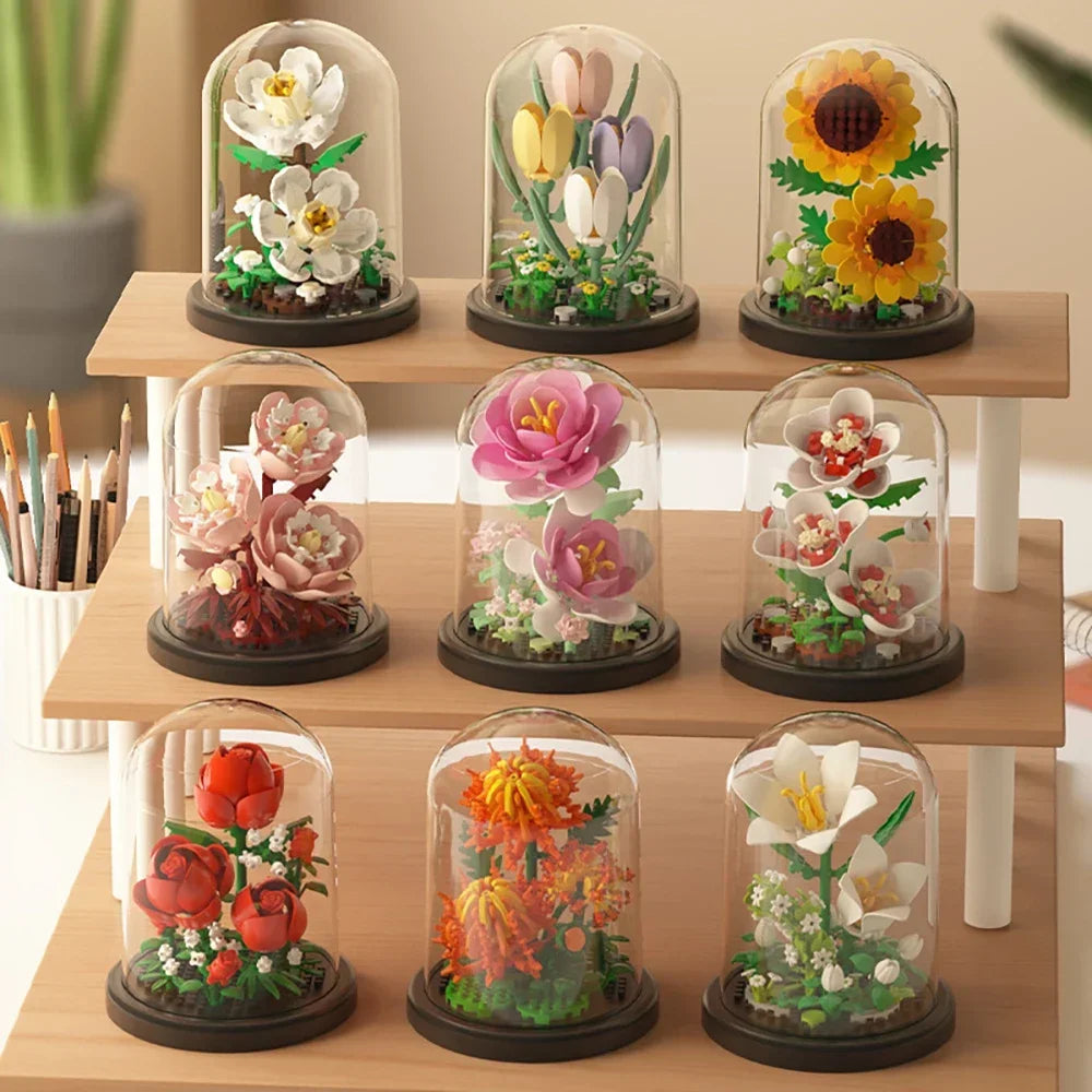 MOC-ramo eterno de rosas, bloques de construcción, conjunto 3D de construcción de flores, caja de exhibición de ramo eterno, juguete de ladrillo para decoración del hogar y la Oficina