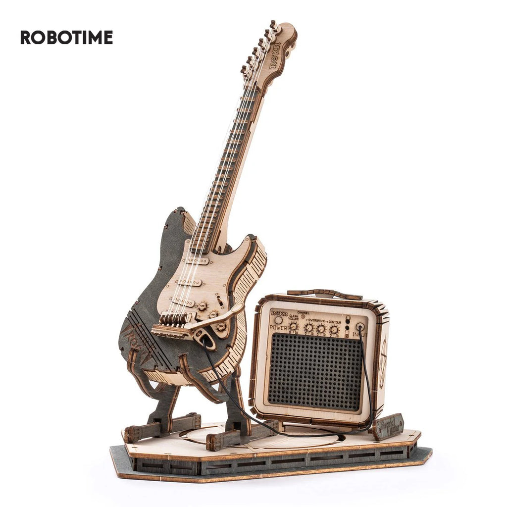 Robotime ROKR guitarra eléctrica rompecabezas de madera 3D para niños adultos montaje juguetes creativos juego de bloques de construcción para regalos de navidad