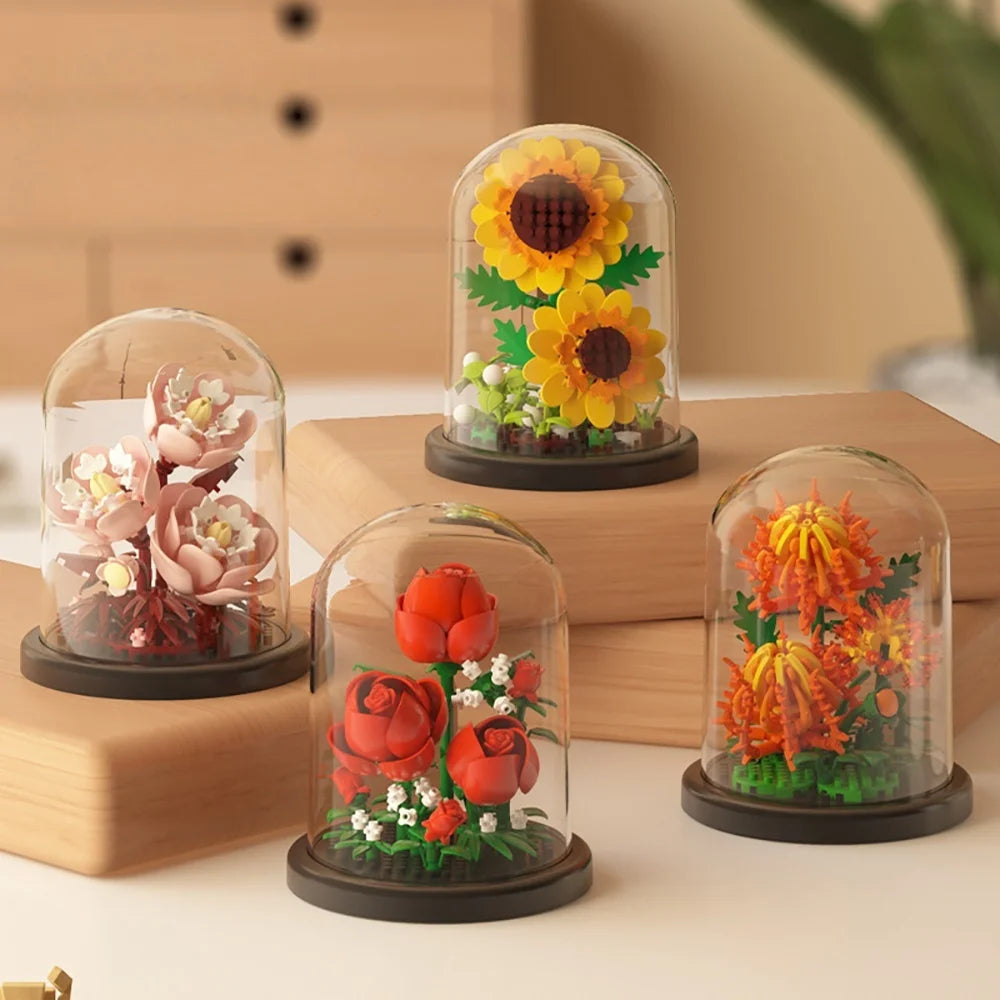 MOC-ramo eterno de rosas, bloques de construcción, conjunto 3D de construcción de flores, caja de exhibición de ramo eterno, juguete de ladrillo para decoración del hogar y la Oficina