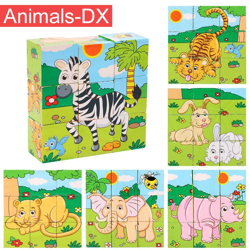 Rompecabezas de madera de seis lados pintados, rompecabezas tridimensional de animales de tráfico, bloques de construcción Montessori, juguetes de educación temprana TMZ