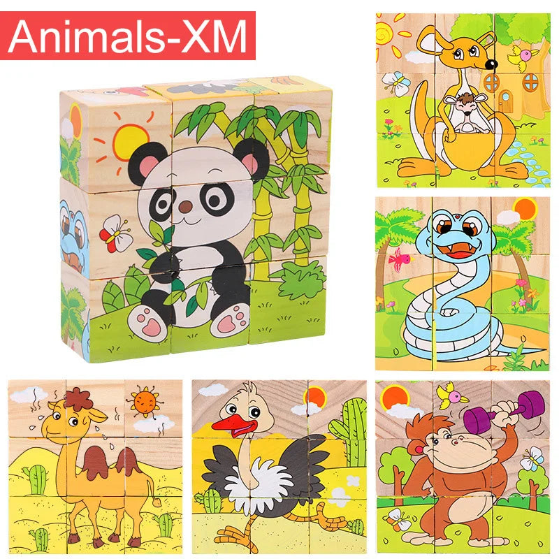 Rompecabezas de madera de seis lados pintados, rompecabezas tridimensional de animales de tráfico, bloques de construcción Montessori, juguetes de educación temprana TMZ
