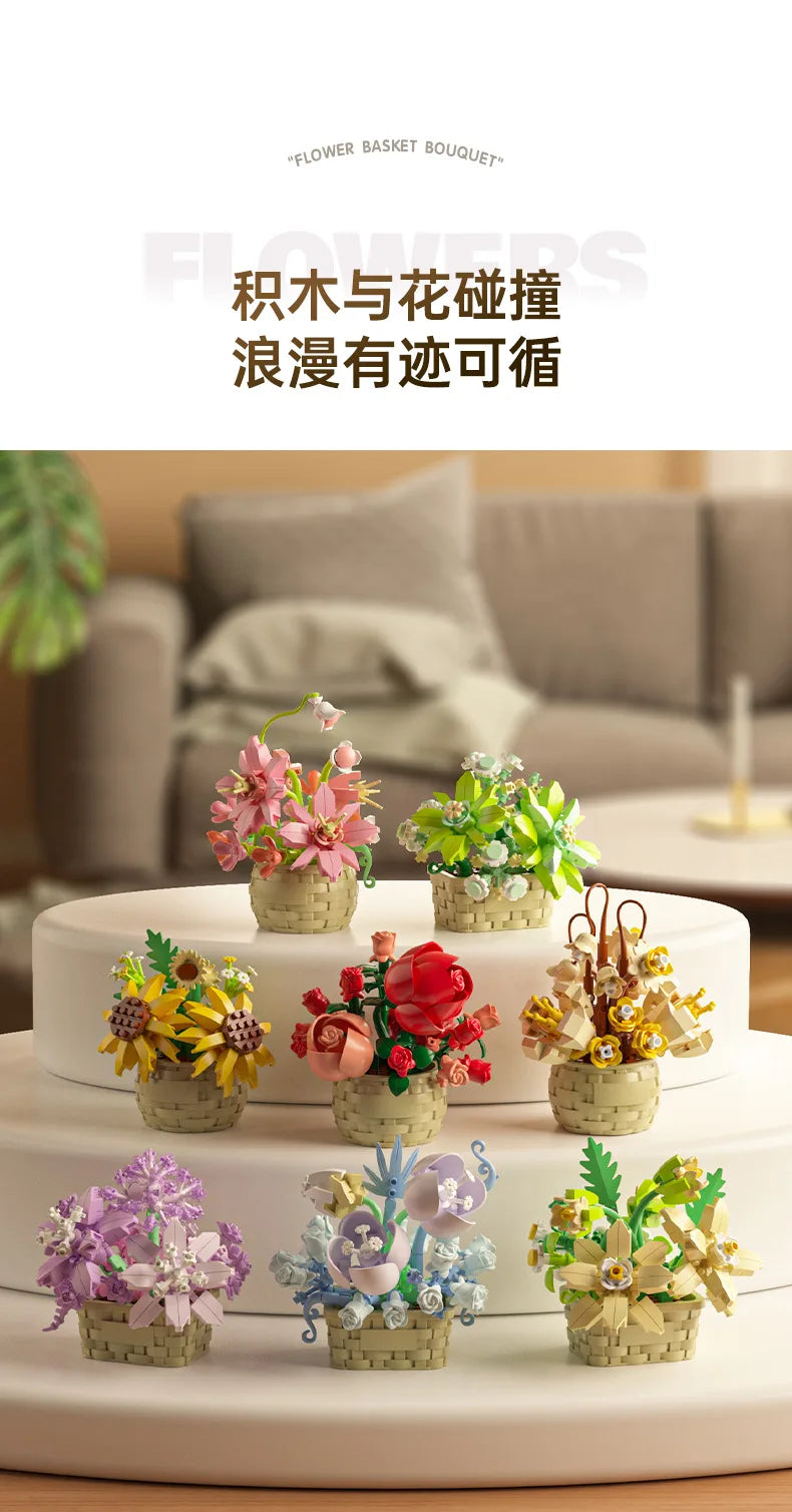 Ramo de flores para adultos, micropartículas de bloques de construcción, juguete para niños y niñas de 6 a 12 años, regalo de cumpleaños, Mini ladrillos de flores