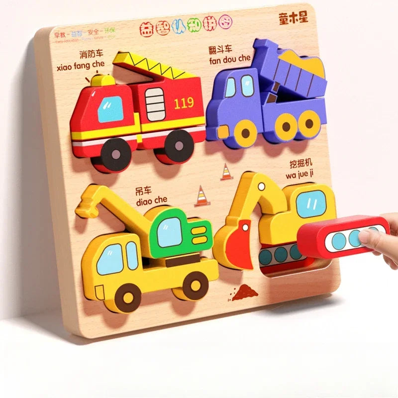 Rompecabezas de madera 3D de dibujos animados Montessori, rompecabezas de tráfico de animales, juguetes para niños, juego cognitivo educativo de Aprendizaje Temprano, regalos para niños