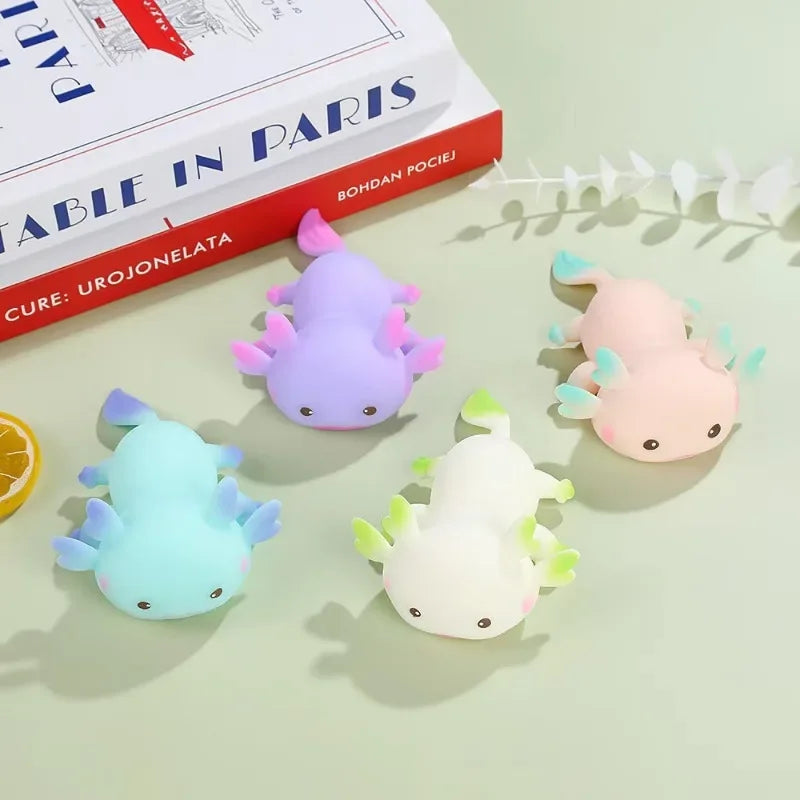 Lindos juguetes para apretar Axolotl, peces de dibujos animados, relajación, antiestrés, juguetes blandos, alivio del estrés, juguetes elásticos de rebote lento para niños adultos