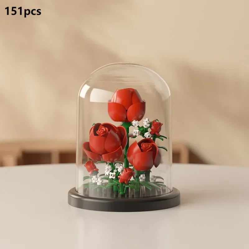 MOC-ramo eterno de rosas, bloques de construcción, conjunto 3D de construcción de flores, caja de exhibición de ramo eterno, juguete de ladrillo para decoración del hogar y la Oficina