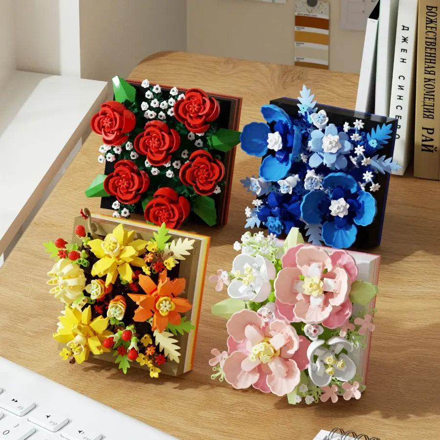 Ramo de flores, bonsái, bloques de construcción, planta de plástico Artificial, cubierta antipolvo, Micro modelo, juguete de decoración del hogar para niños, regalo de cumpleaños