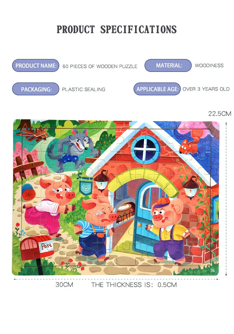Rompecabezas de madera de 60 uds., rompecabezas 3D de colores, personajes de dibujos animados, animales, aprendizaje educativo temprano, pensamiento lógico, rompecabezas de enfoque, juguetes de regalo
