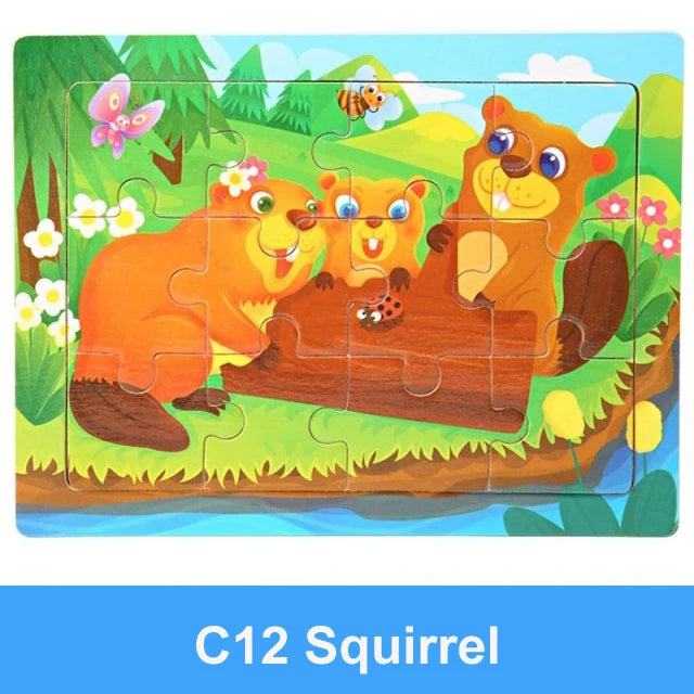 Rompecabezas 3D de madera Montessori de 15x11cm, juego de rompecabezas de inteligencia Animal de dibujos animados, juguetes educativos de Aprendizaje Temprano para niños