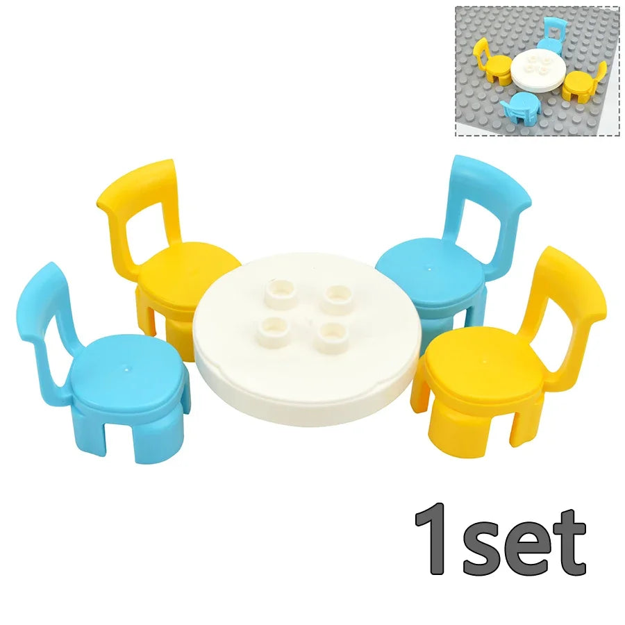 Duploes-figuras de partículas grandes, juguetes de ladrillo, bloques de construcción de gran tamaño, muebles de ciudad, escritorio, silla, cama, sofá, baño, cocina, casa