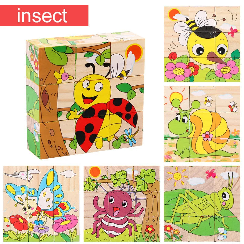 Rompecabezas de madera de seis lados pintados, rompecabezas tridimensional de animales de tráfico, bloques de construcción Montessori, juguetes de educación temprana TMZ