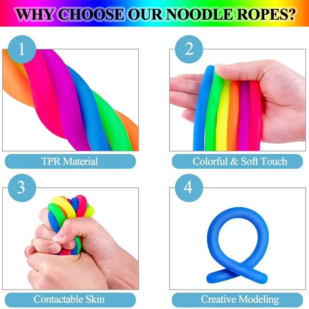 Paquete de 6 juguetes sensoriales de cuerda elástica, resistencia al apretar, fortalece los brazos, fideos, juguetes para aliviar el estrés para niños y adultos