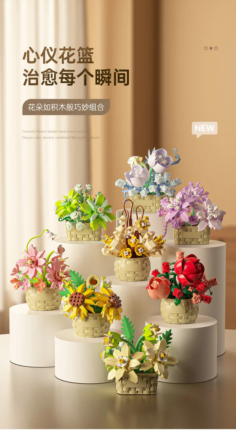 Ramo de flores para adultos, micropartículas de bloques de construcción, juguete para niños y niñas de 6 a 12 años, regalo de cumpleaños, Mini ladrillos de flores