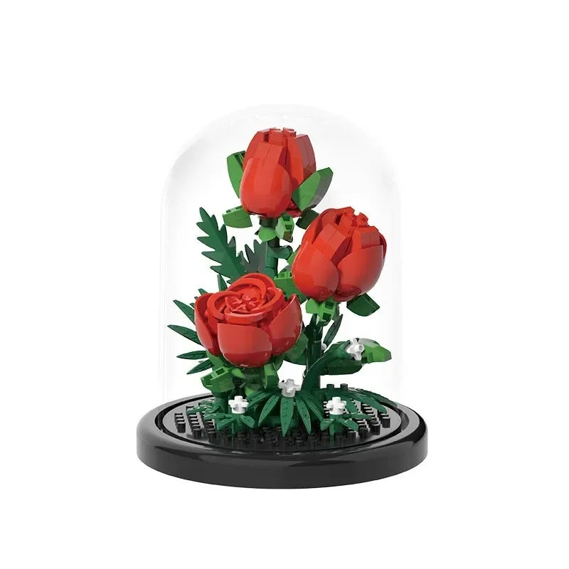 Ramo de flores, bonsái, bloques de construcción, planta de plástico Artificial, cubierta antipolvo, Micro modelo, juguete de decoración del hogar para niños, regalo de cumpleaños