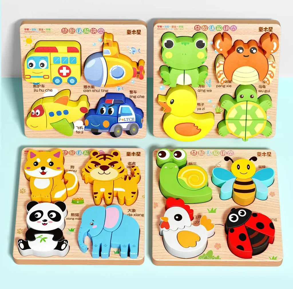 Rompecabezas de madera 3D de dibujos animados Montessori, rompecabezas de tráfico de animales, juguetes para niños, juego cognitivo educativo de Aprendizaje Temprano, regalos para niños