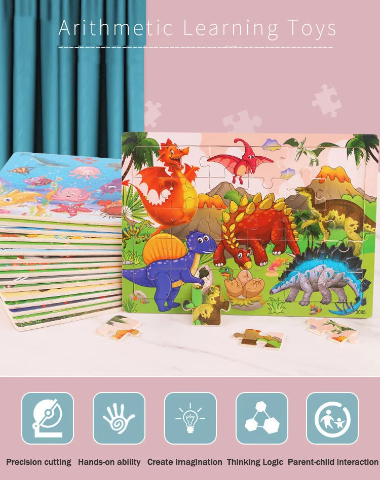 Rompecabezas 3D Montessori de 30 piezas económico, rompecabezas de madera con animales de dibujos animados, juego de mesa, juguetes educativos para niños, regalos
