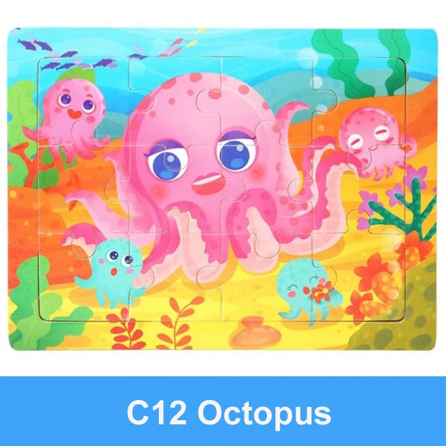 Rompecabezas 3D de madera Montessori de 15x11cm, juego de rompecabezas de inteligencia Animal de dibujos animados, juguetes educativos de Aprendizaje Temprano para niños