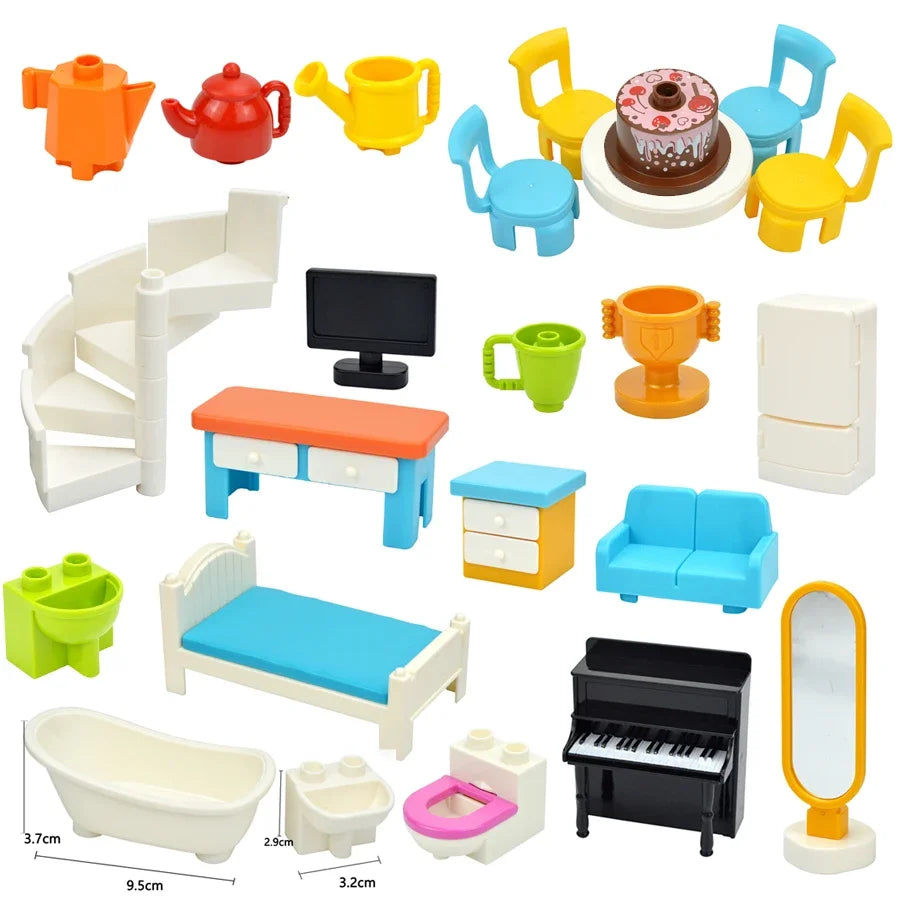 Duploes-figuras de partículas grandes, juguetes de ladrillo, bloques de construcción de gran tamaño, muebles de ciudad, escritorio, silla, cama, sofá, baño, cocina, casa