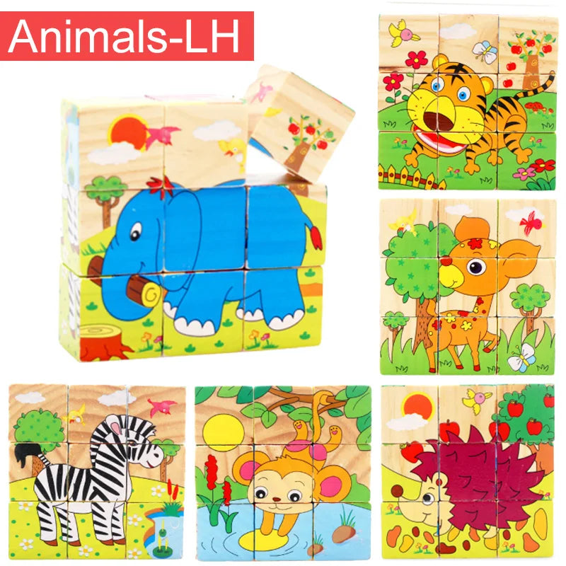 Rompecabezas de madera de seis lados pintados, rompecabezas tridimensional de animales de tráfico, bloques de construcción Montessori, juguetes de educación temprana TMZ