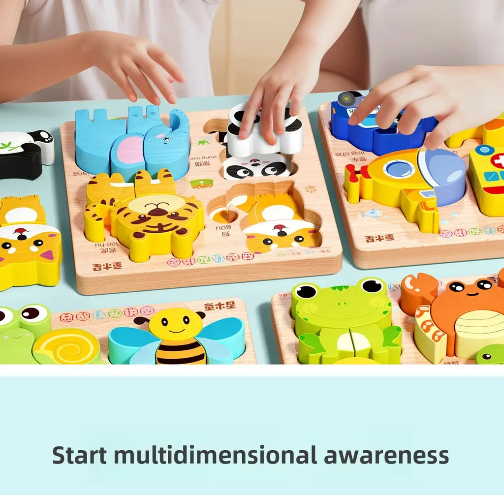Rompecabezas de madera 3D de dibujos animados Montessori, rompecabezas de tráfico de animales, juguetes para niños, juego cognitivo educativo de Aprendizaje Temprano, regalos para niños