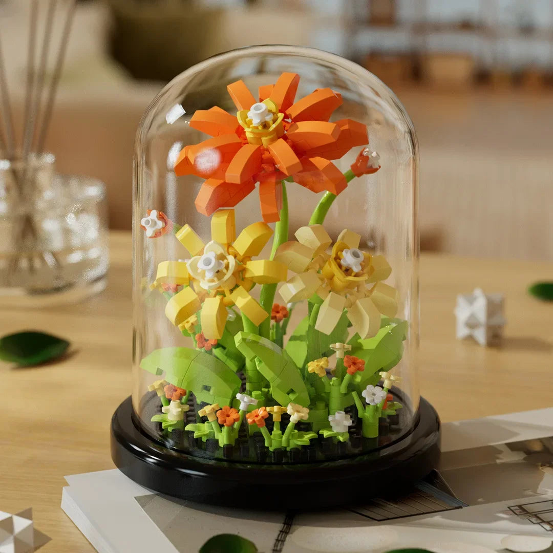 Ramo de flores, bonsái, bloques de construcción, planta de plástico Artificial, cubierta antipolvo, Micro modelo, juguete de decoración del hogar para niños, regalo de cumpleaños