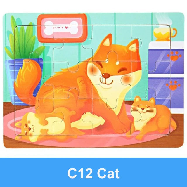 Rompecabezas 3D de madera Montessori de 15x11cm, juego de rompecabezas de inteligencia Animal de dibujos animados, juguetes educativos de Aprendizaje Temprano para niños
