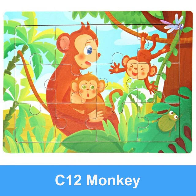 Rompecabezas 3D de madera Montessori de 15x11cm, juego de rompecabezas de inteligencia Animal de dibujos animados, juguetes educativos de Aprendizaje Temprano para niños