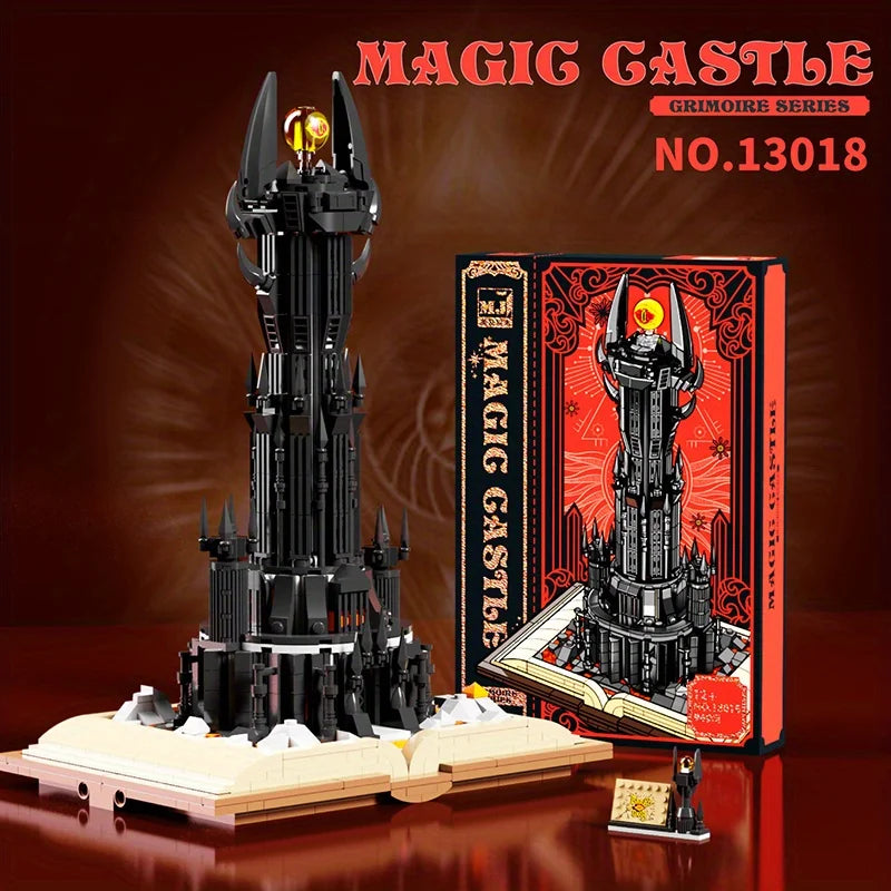 Bloques de construcción de libros mágicos de torre negra, modelo de Castillo mágico oscuro, ladrillos de montaje con luces, juguetes para niños, regalos de navidad, 966 Uds.