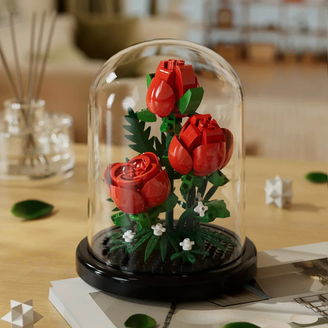 Ramo de flores, bonsái, bloques de construcción, planta de plástico Artificial, cubierta antipolvo, Micro modelo, juguete de decoración del hogar para niños, regalo de cumpleaños