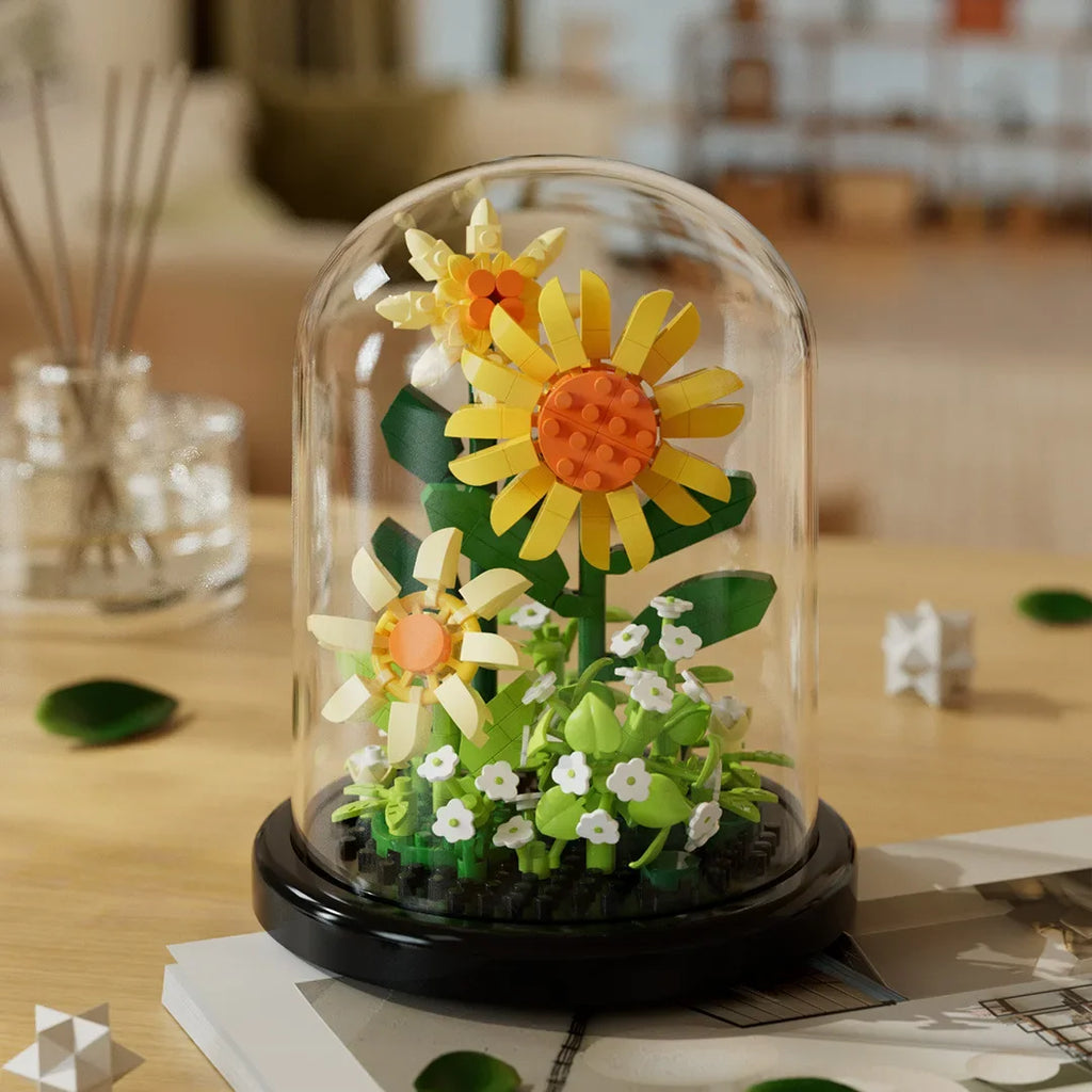 Ramo de flores, bonsái, bloques de construcción, planta de plástico Artificial, cubierta antipolvo, Micro modelo, juguete de decoración del hogar para niños, regalo de cumpleaños