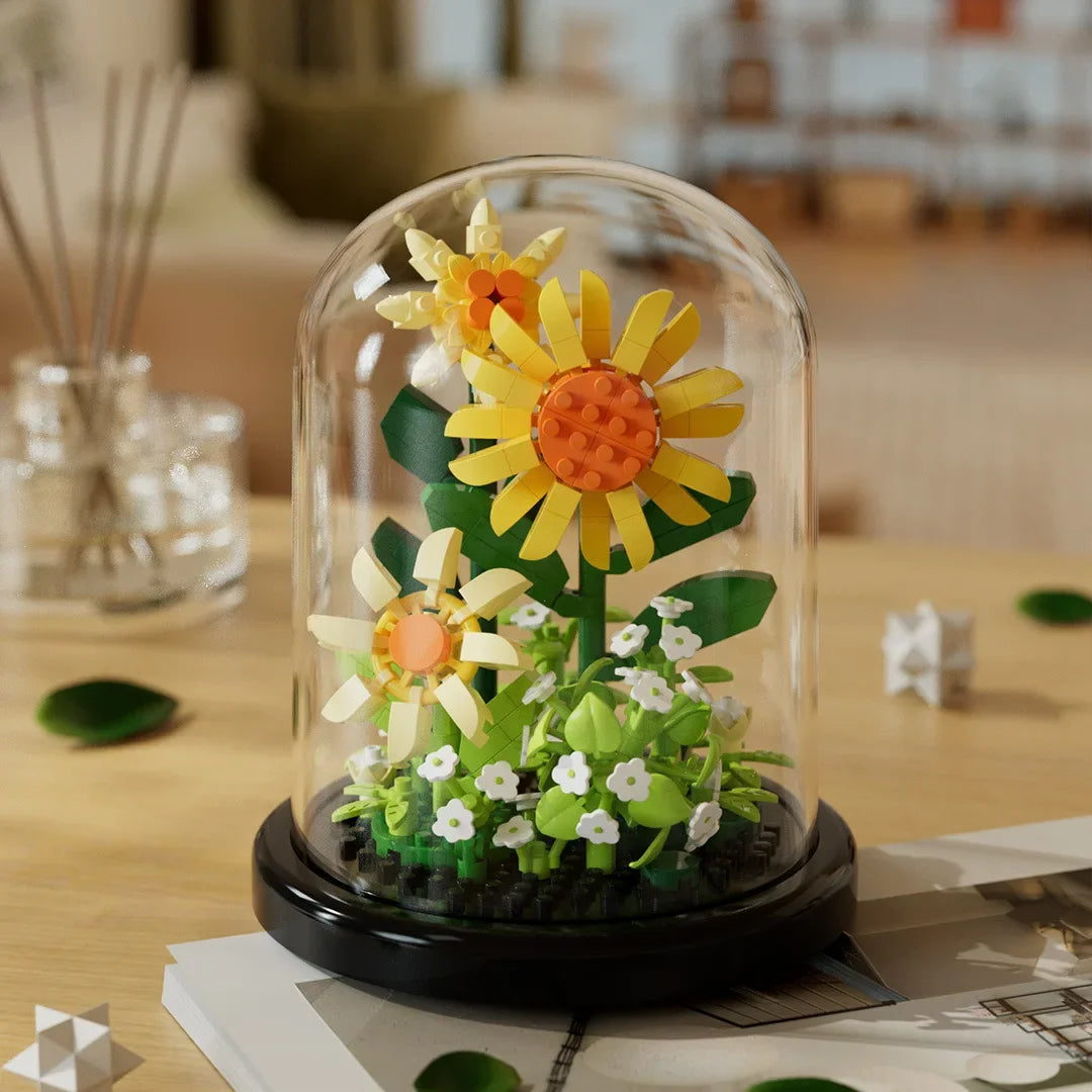 Ramo de flores, bonsái, bloques de construcción, planta de plástico Artificial, cubierta antipolvo, Micro modelo, juguete de decoración del hogar para niños, regalo de cumpleaños
