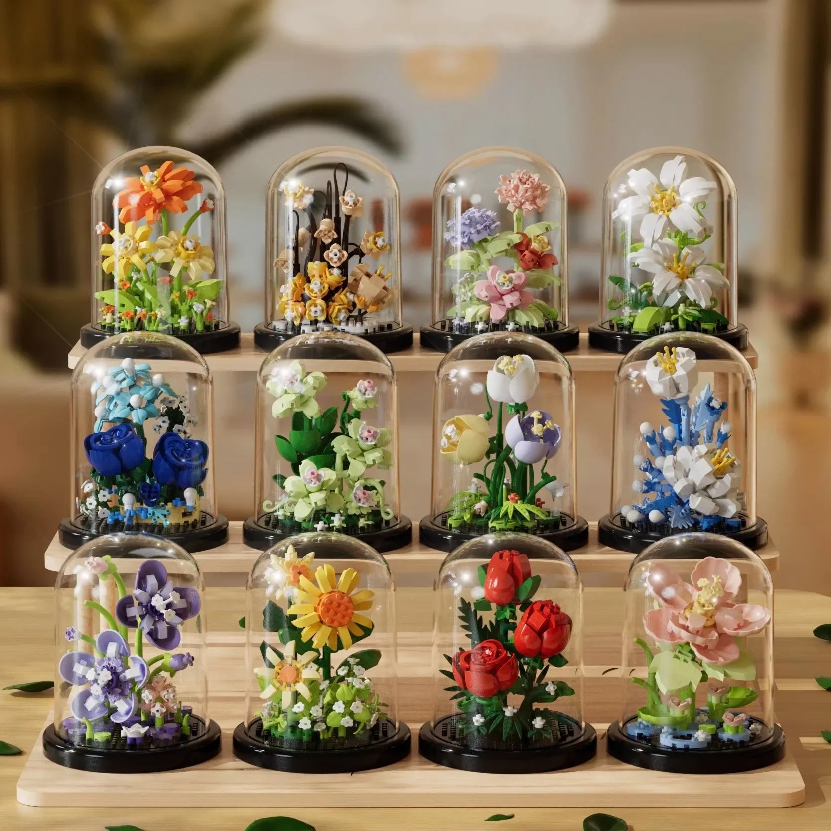 Ramo de flores, bonsái, bloques de construcción, planta de plástico Artificial, cubierta antipolvo, Micro modelo, juguete de decoración del hogar para niños, regalo de cumpleaños