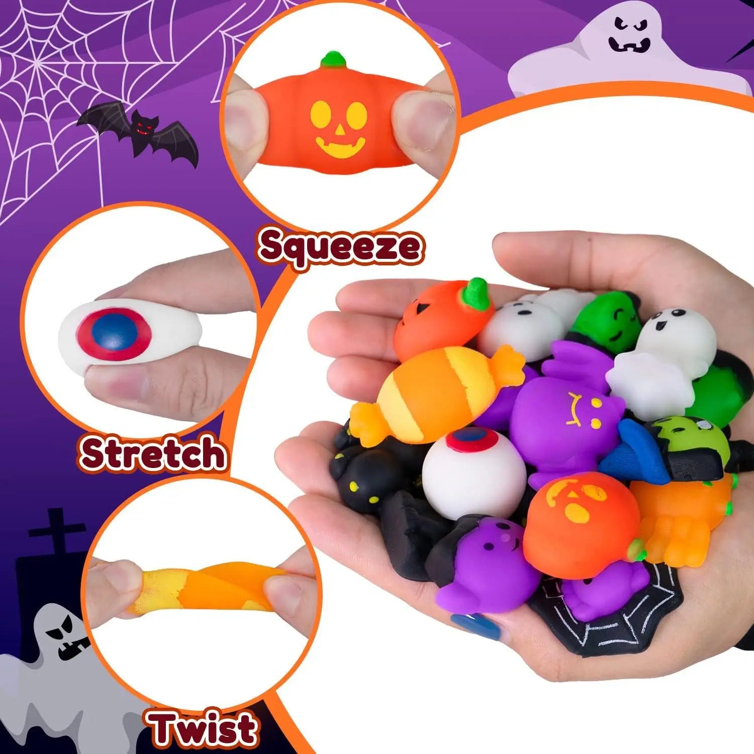 Fiesta de Halloween, 10 Uds., novedoso juguete para aliviar el estrés, estilo aleatorio, fantasma, murciélago, calabaza, juguete de ventilación para apretar