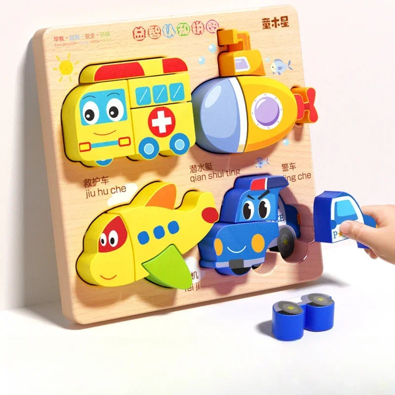 Rompecabezas de madera 3D de dibujos animados Montessori, rompecabezas de tráfico de animales, juguetes para niños, juego cognitivo educativo de Aprendizaje Temprano, regalos para niños