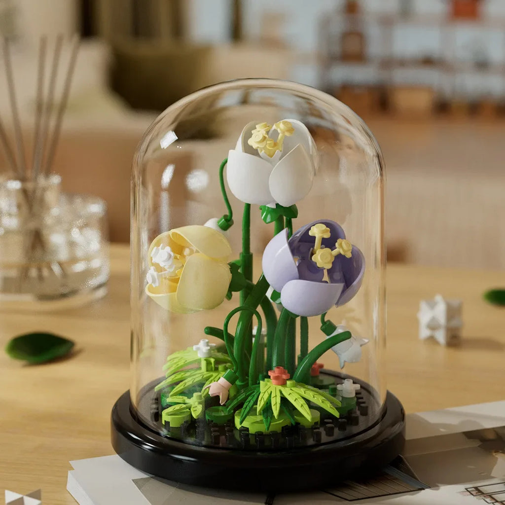 Ramo de flores, bonsái, bloques de construcción, planta de plástico Artificial, cubierta antipolvo, Micro modelo, juguete de decoración del hogar para niños, regalo de cumpleaños