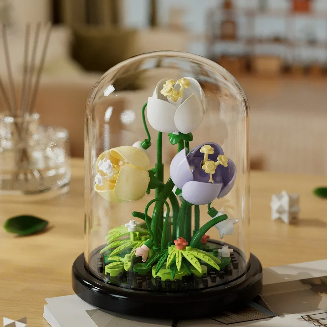 Ramo de flores, bonsái, bloques de construcción, planta de plástico Artificial, cubierta antipolvo, Micro modelo, juguete de decoración del hogar para niños, regalo de cumpleaños