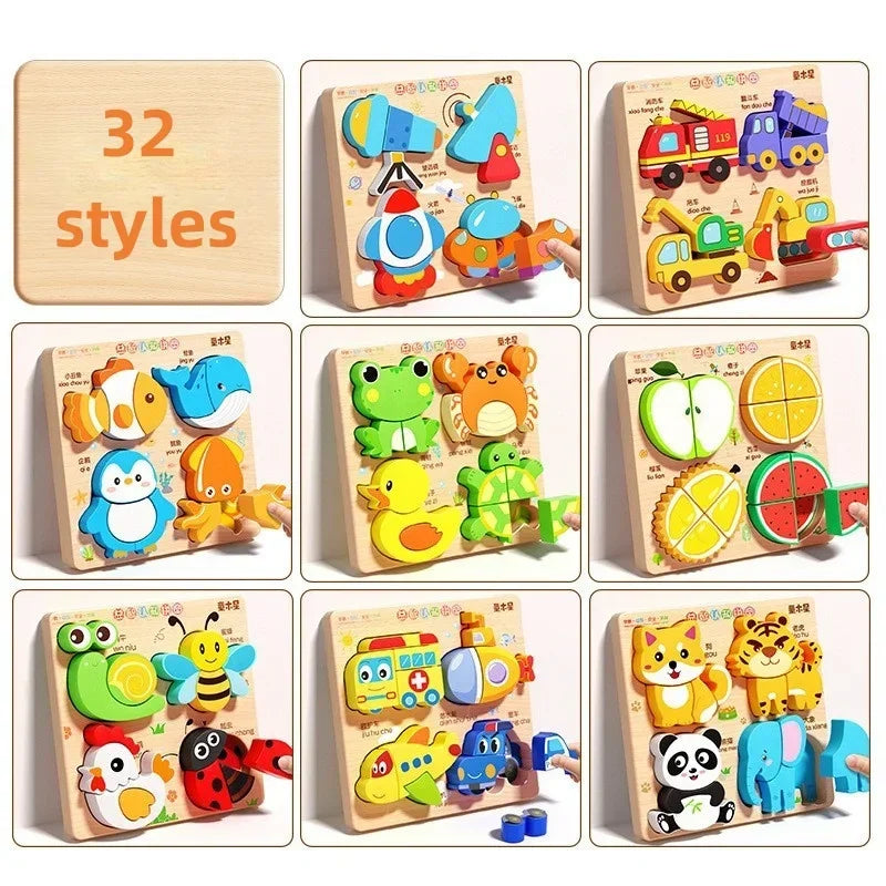 Rompecabezas de madera 3D de dibujos animados Montessori, rompecabezas de tráfico de animales, juguetes para niños, juego cognitivo educativo de Aprendizaje Temprano, regalos para niños